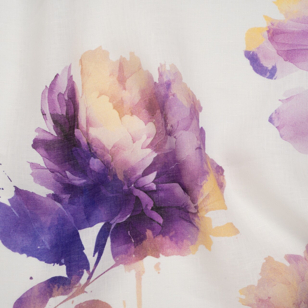1 Yard Lilac Purple and Golden Yellow on White Wild Roses Medium Weight Linen Woven Print